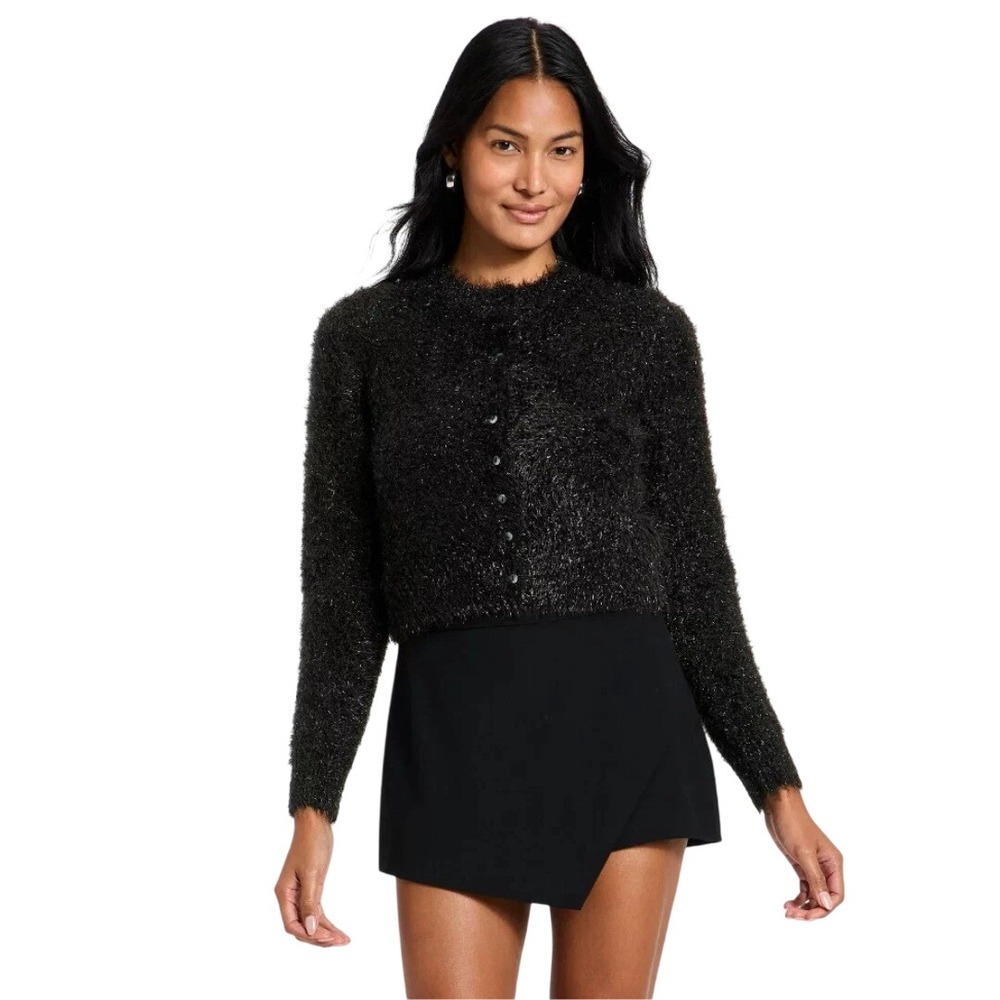 A New Day Womens Black Metallic Long Sleeve Party Cardigan Sweater Size‎ M